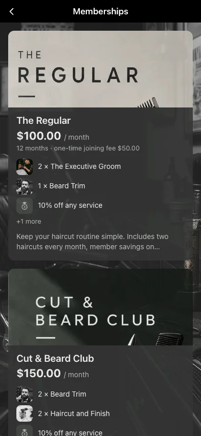 Mitgliedschaftspläne in einer gebrandeten Barbershop-App